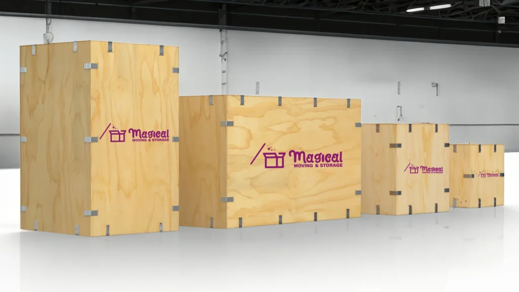 Moving Wooden Crates with Magical Moving & Storage