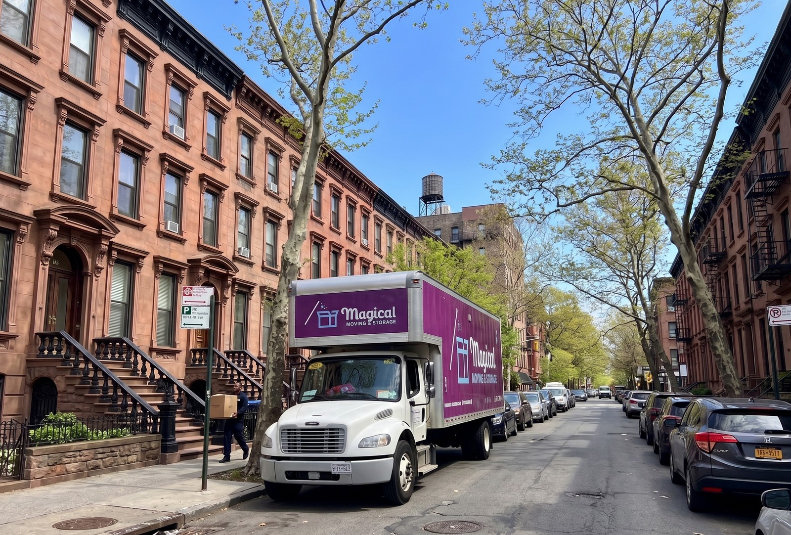 Cost of moving in Brooklyn 2026: Magical Moving truck on a Brooklyn brownstone street