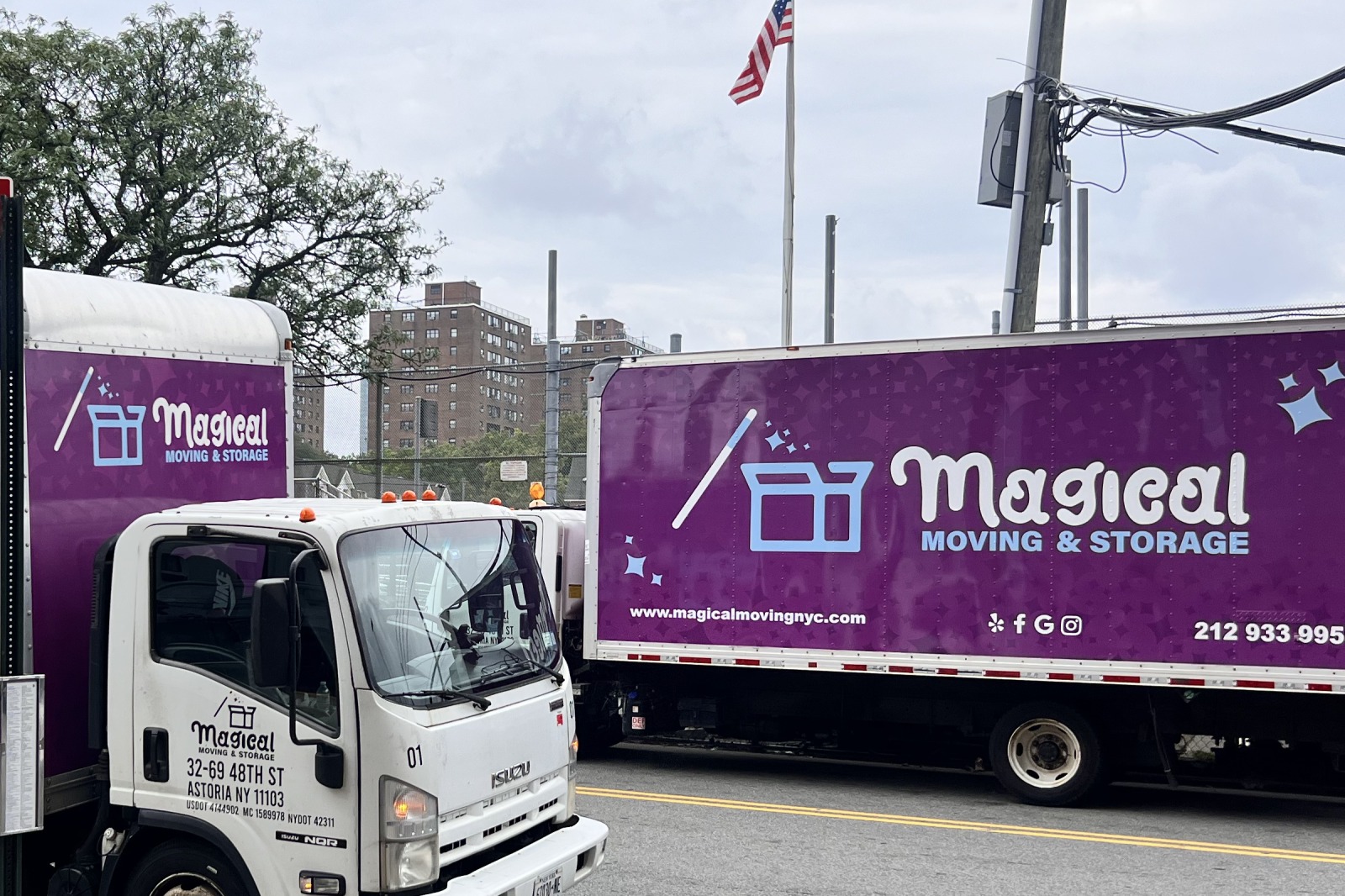 NYC to Jersey City movers 2026: Magical Moving fleet trucks staged in Astoria, Queens, ready for a Hoboken-area cross-river job