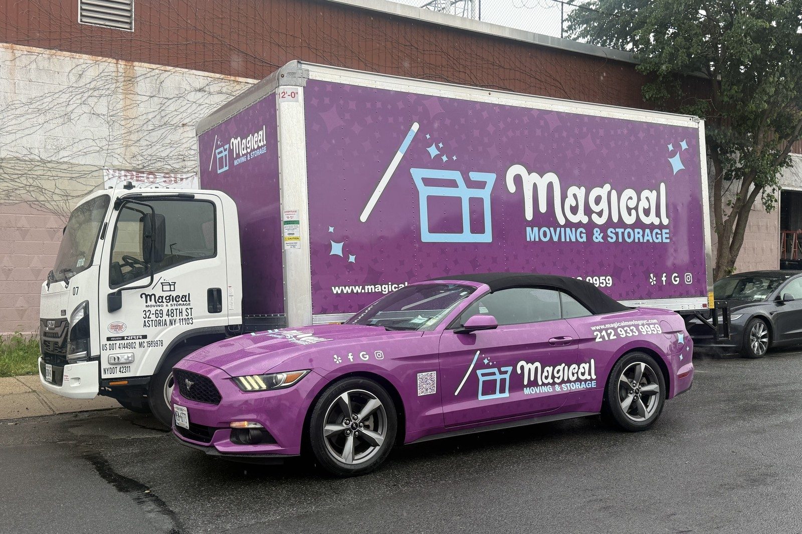 Cheapest time to move in NYC: Magical Moving branded truck and car on a New York street