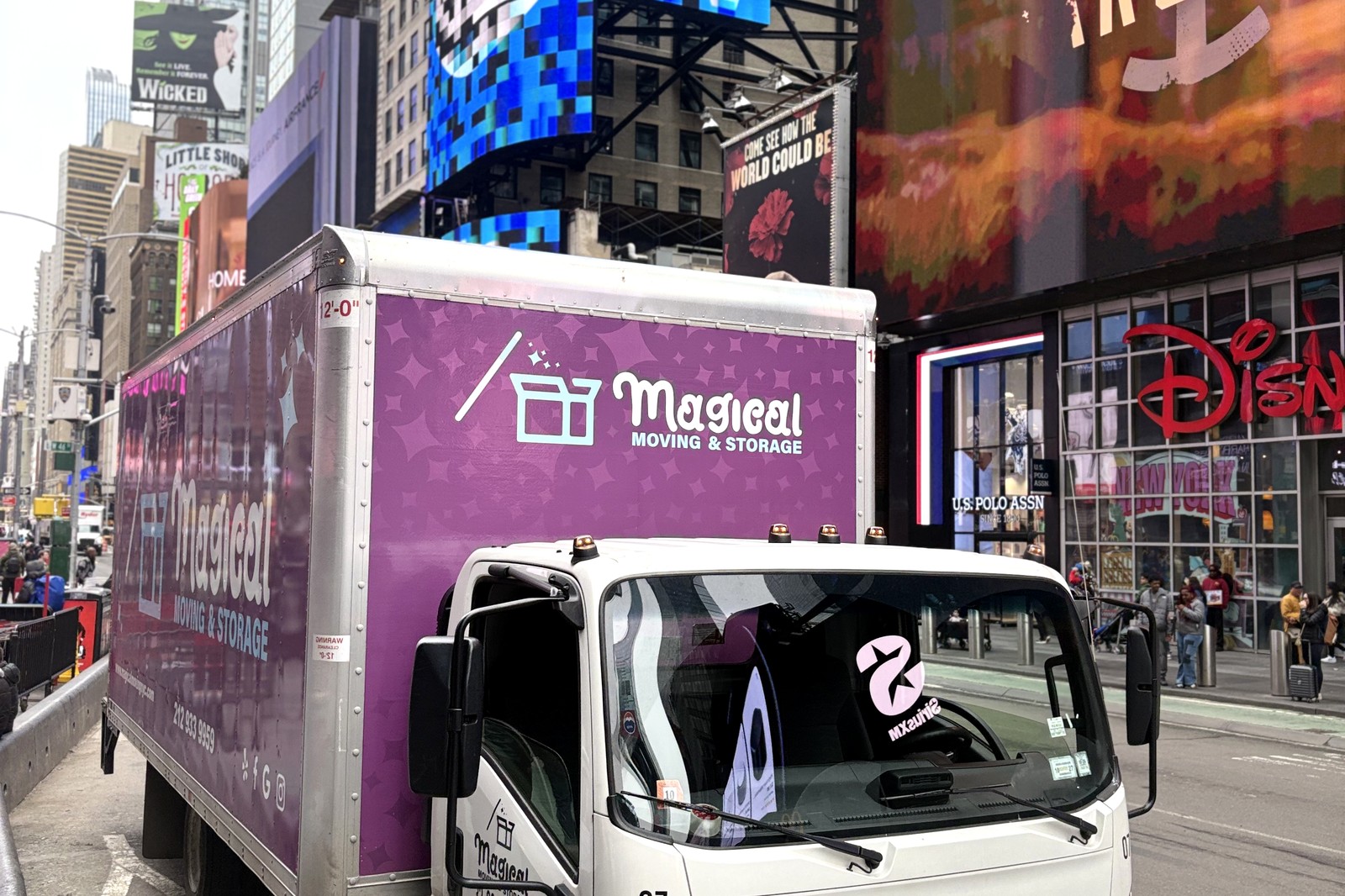 World Cup final street closures: Magical Moving branded truck in Times Square, Midtown Manhattan