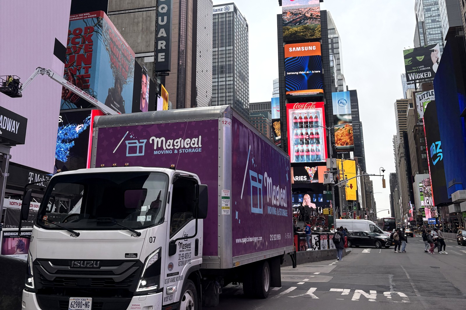 World Cup final street closures: Magical Moving truck in Midtown Manhattan near Times Square